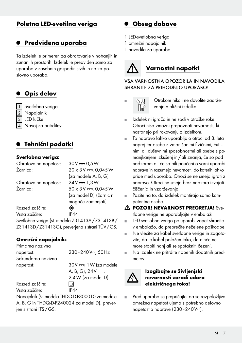 Poletna led-svetilna veriga predvidena uporaba, Opis delov, Tehnični podatki | Obseg dobave, Varnostni napotki | Melinera Z31413 User Manual | Page 7 / 19