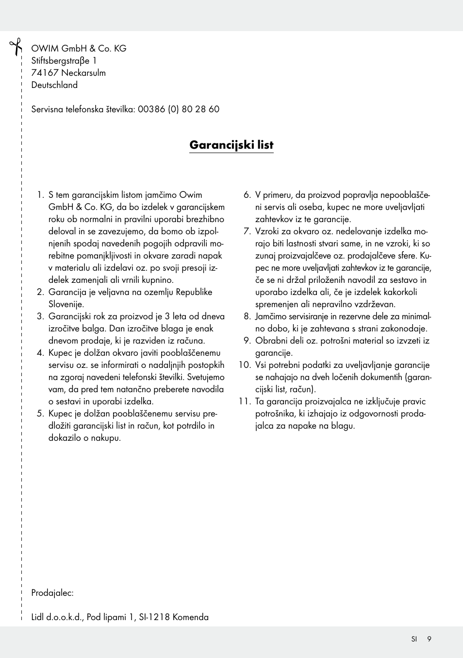 Garancijski list | Melinera Z31413 User Manual | Page 9 / 19