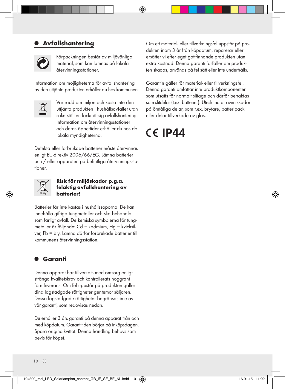 Avfallshantering, Garanti | Melinera 104800-14-0х User Manual | Page 10 / 20