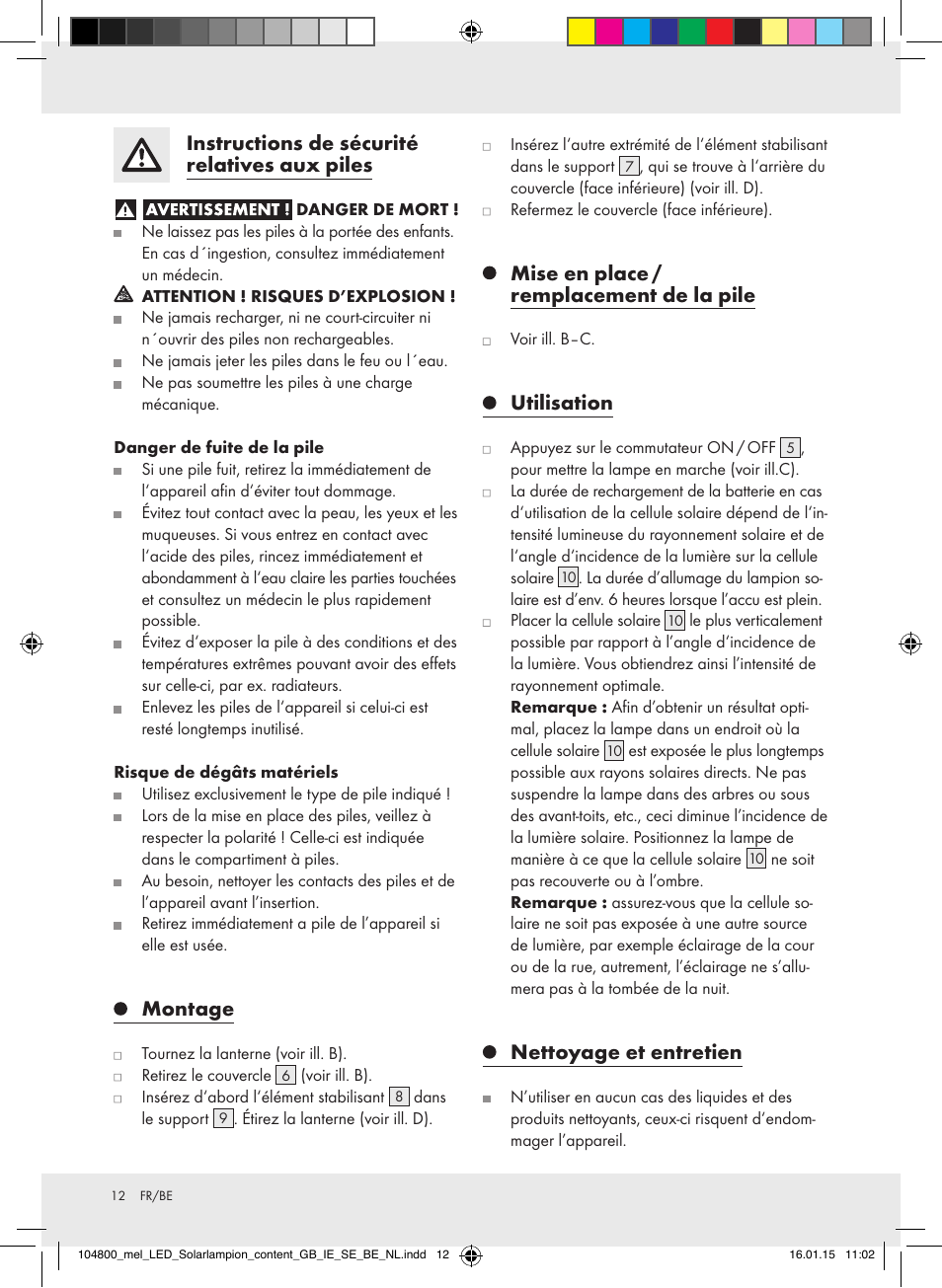 Instructions de sécurité relatives aux piles, Montage, Mise en place / remplacement de la pile | Utilisation, Nettoyage et entretien | Melinera 104800-14-0х User Manual | Page 12 / 20