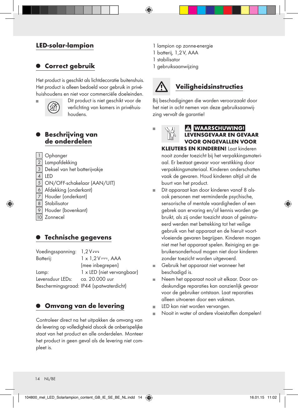 Led-solar-lampion correct gebruik, Beschrijving van de onderdelen, Technische gegevens | Omvang van de levering, Veiligheidsinstructies | Melinera 104800-14-0х User Manual | Page 14 / 20