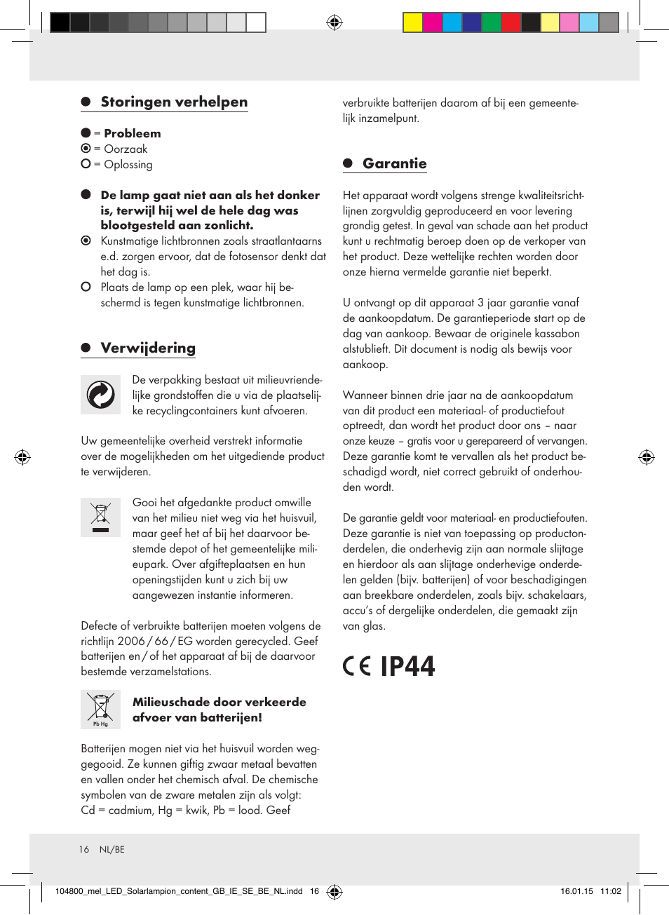 Storingen verhelpen, Verwijdering, Garantie | Melinera 104800-14-0х User Manual | Page 16 / 20