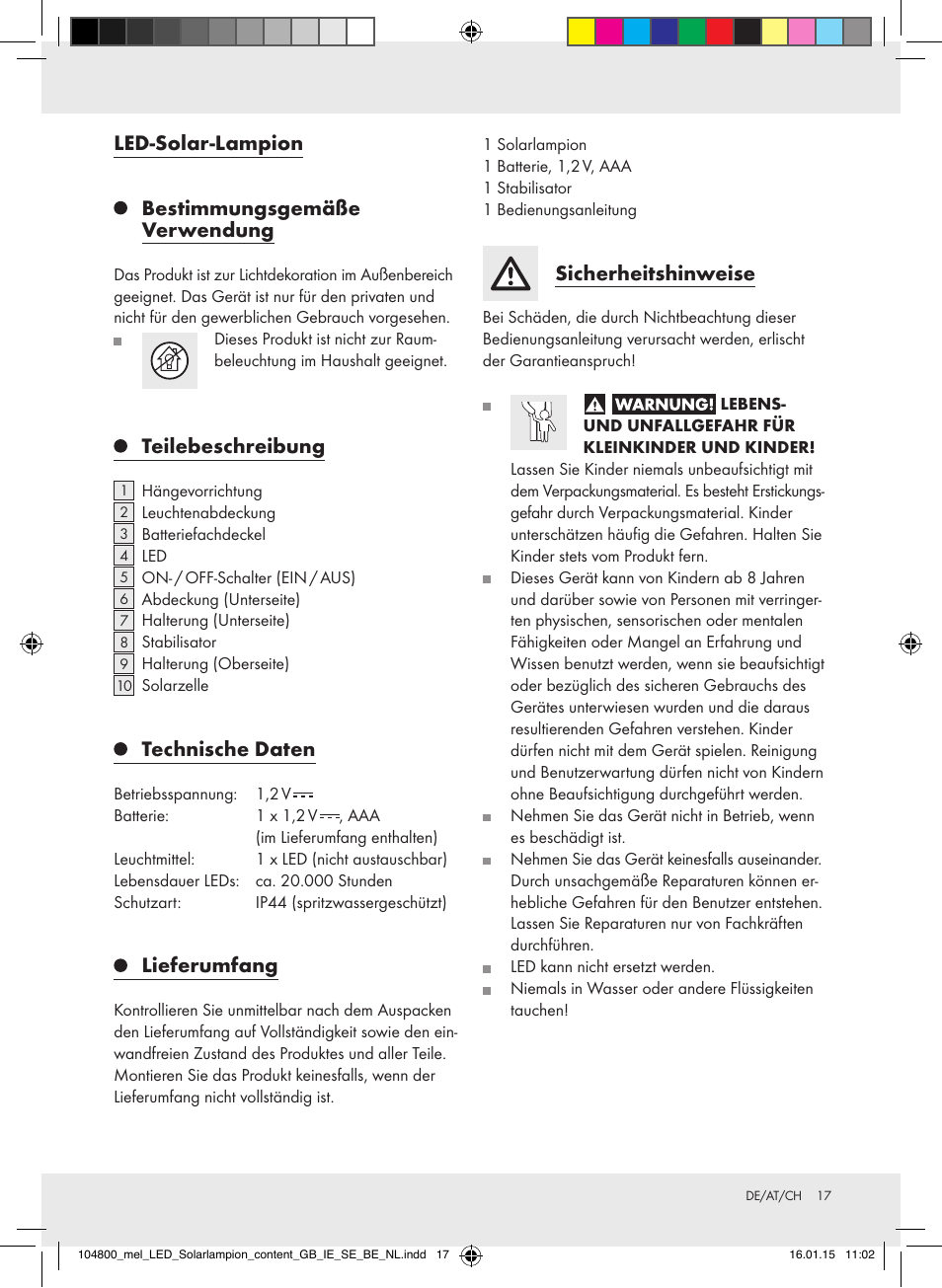 Led-solar-lampion bestimmungsgemäße verwendung, Teilebeschreibung, Technische daten | Lieferumfang, Sicherheitshinweise | Melinera 104800-14-0х User Manual | Page 17 / 20