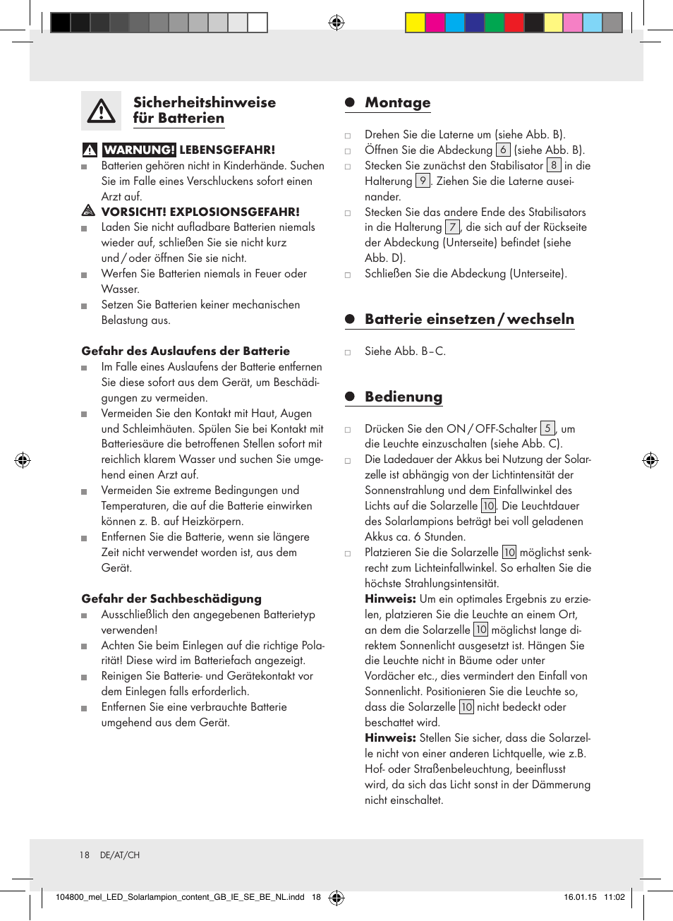 Sicherheitshinweise für batterien, Montage, Batterie einsetzen / wechseln | Bedienung | Melinera 104800-14-0х User Manual | Page 18 / 20