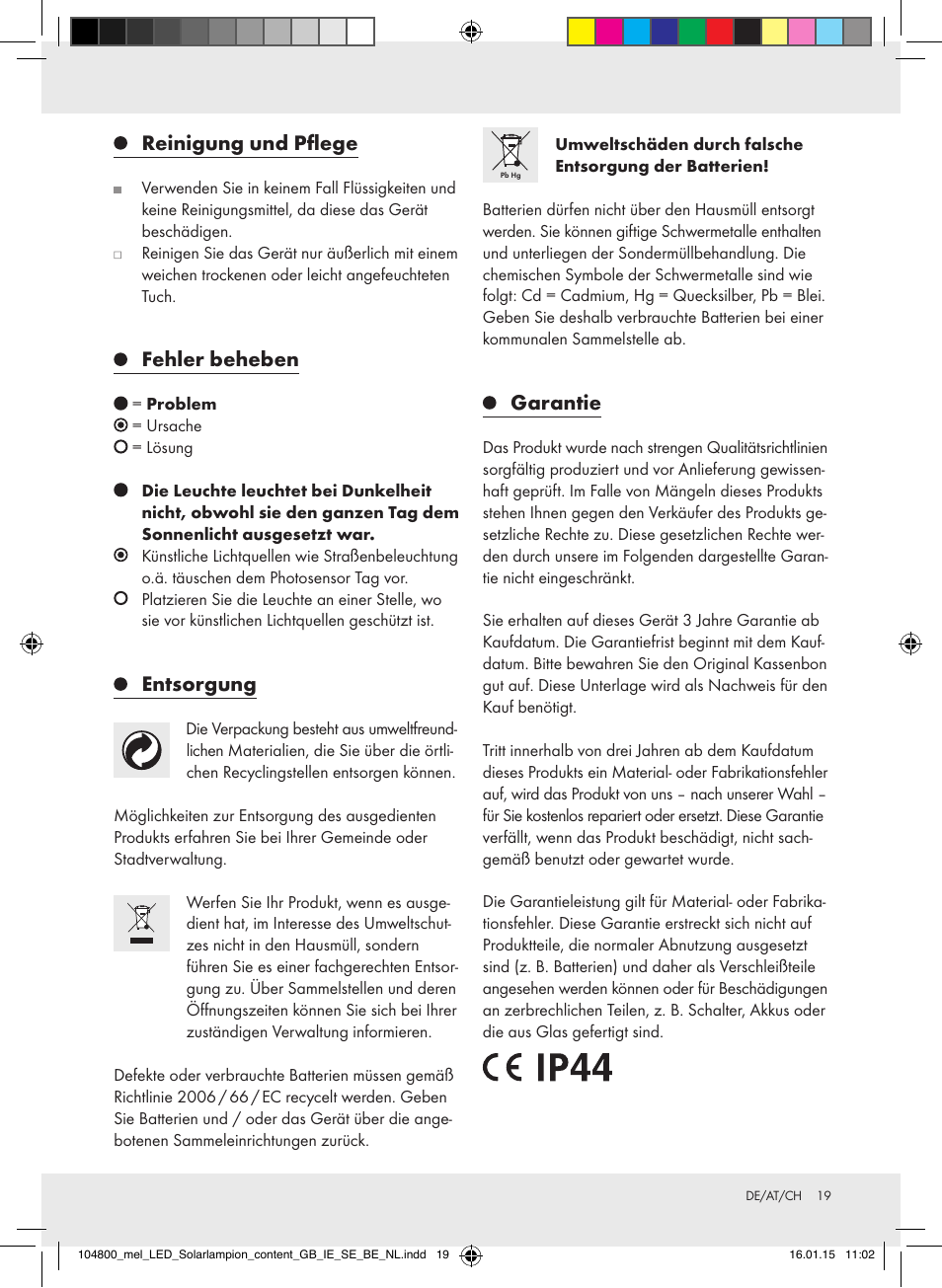 Reinigung und pflege, Fehler beheben, Entsorgung | Garantie | Melinera 104800-14-0х User Manual | Page 19 / 20