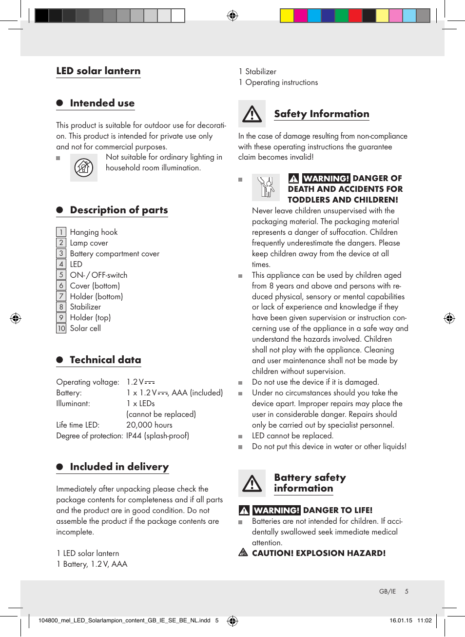 Led solar lantern intended use, Description of parts, Technical data | Included in delivery, Safety information, Battery safety information | Melinera 104800-14-0х User Manual | Page 5 / 20