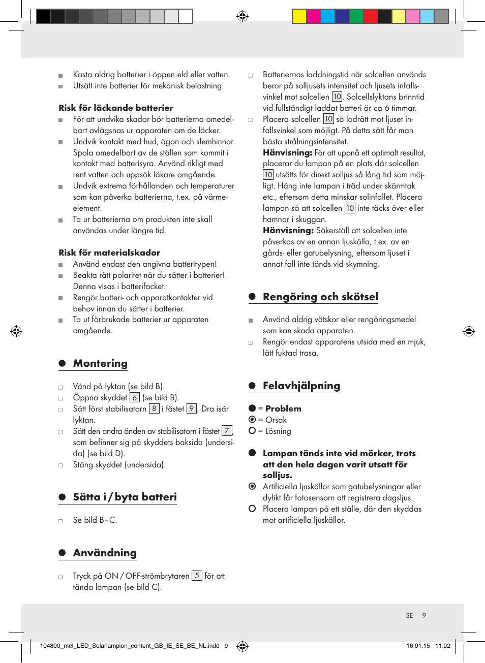 Montering, Sätta i / byta batteri, Användning | Rengöring och skötsel, Felavhjälpning | Melinera 104800-14-0х User Manual | Page 9 / 20