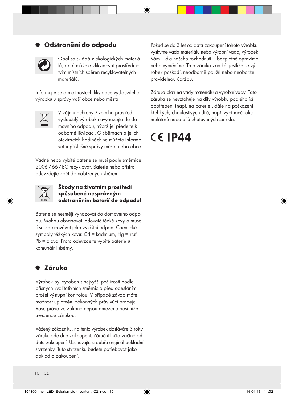 Odstranění do odpadu, Záruka | Melinera 104800-14-0х User Manual | Page 10 / 14