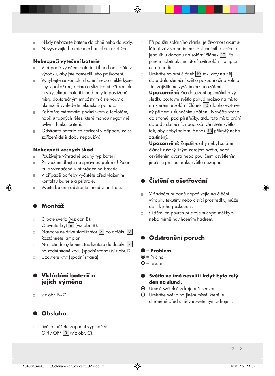 Montáž, Vkládání baterií a jejich výměna, Obsluha | Čistění a ošetřování, Odstranění poruch | Melinera 104800-14-0х User Manual | Page 9 / 14