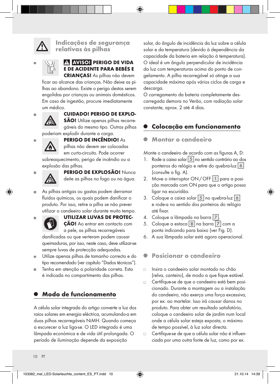 Indicações de segurança relativas às pilhas, Modo de funcionamento, Colocação em funcionamento | Montar o candeeiro, Posicionar o candeeiro | Melinera 103382-14-0х User Manual | Page 10 / 21