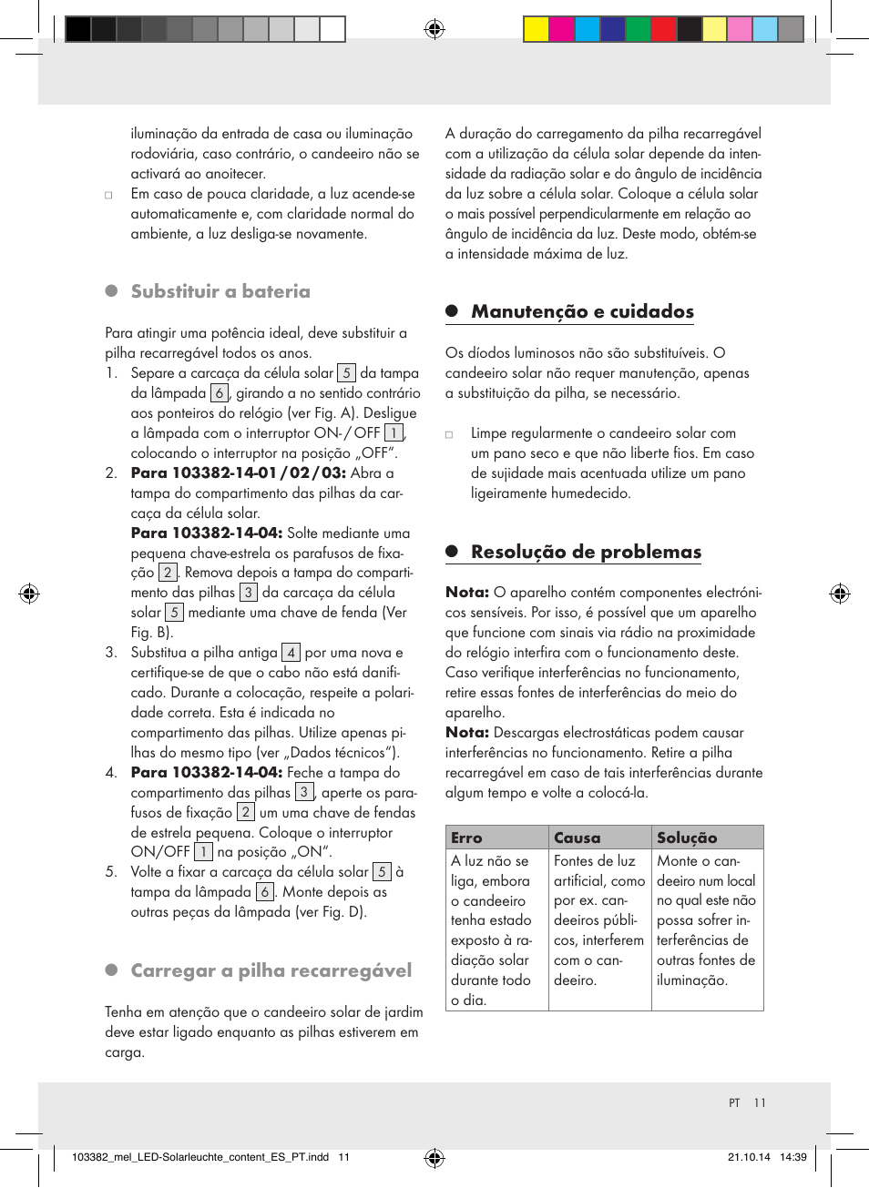 Substituir a bateria, Carregar a pilha recarregável, Manutenção e cuidados | Resolução de problemas | Melinera 103382-14-0х User Manual | Page 11 / 21