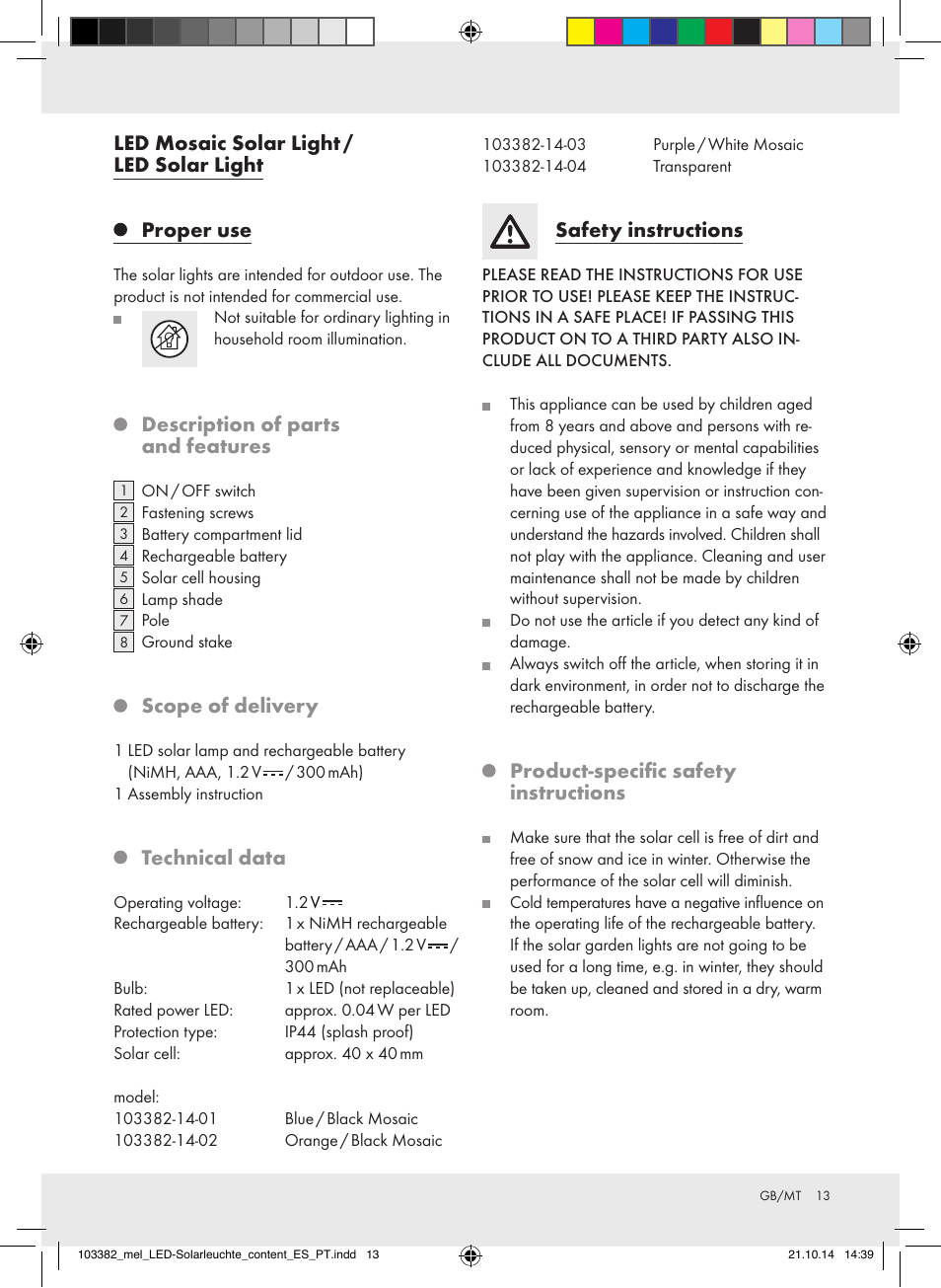 Led mosaic solar light / led solar light, Proper use, Description of parts and features | Scope of delivery, Technical data, Safety instructions, Product-specific safety instructions | Melinera 103382-14-0х User Manual | Page 13 / 21
