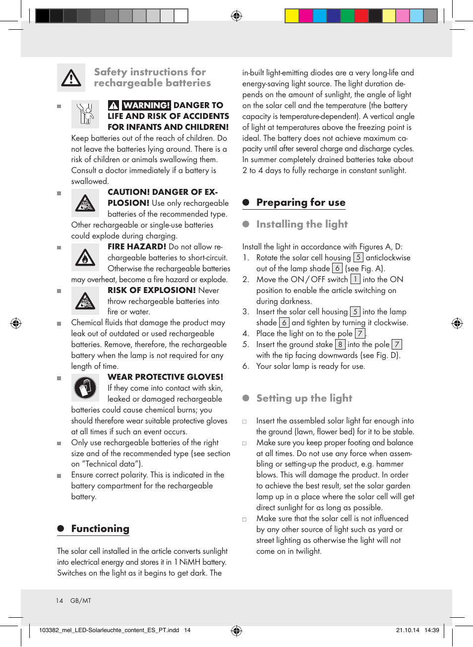 Safety instructions for rechargeable batteries, Functioning, Preparing for use | Installing the light, Setting up the light | Melinera 103382-14-0х User Manual | Page 14 / 21