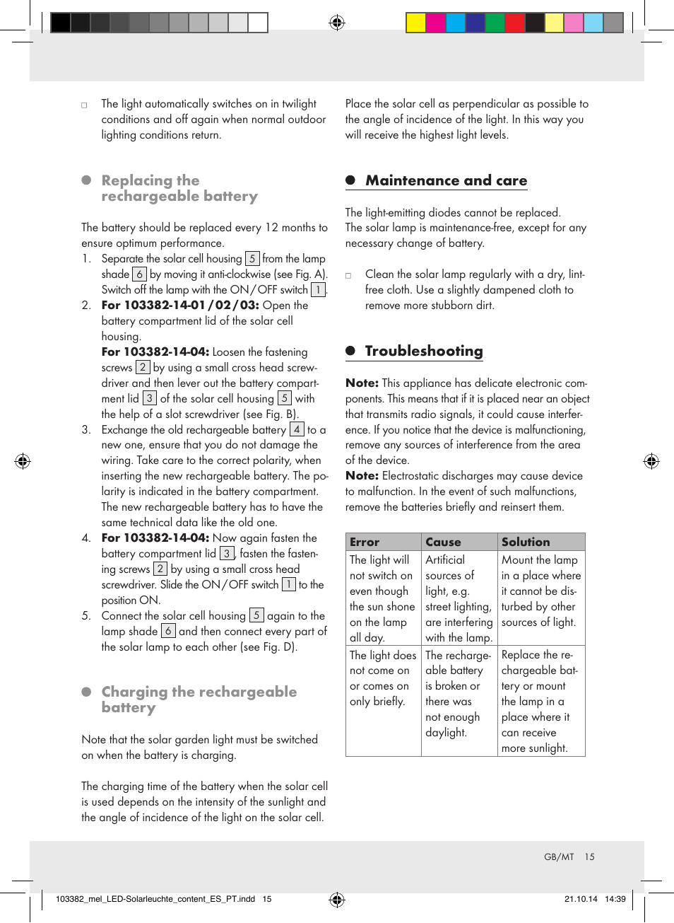 Replacing the rechargeable battery, Charging the rechargeable battery, Maintenance and care | Troubleshooting | Melinera 103382-14-0х User Manual | Page 15 / 21