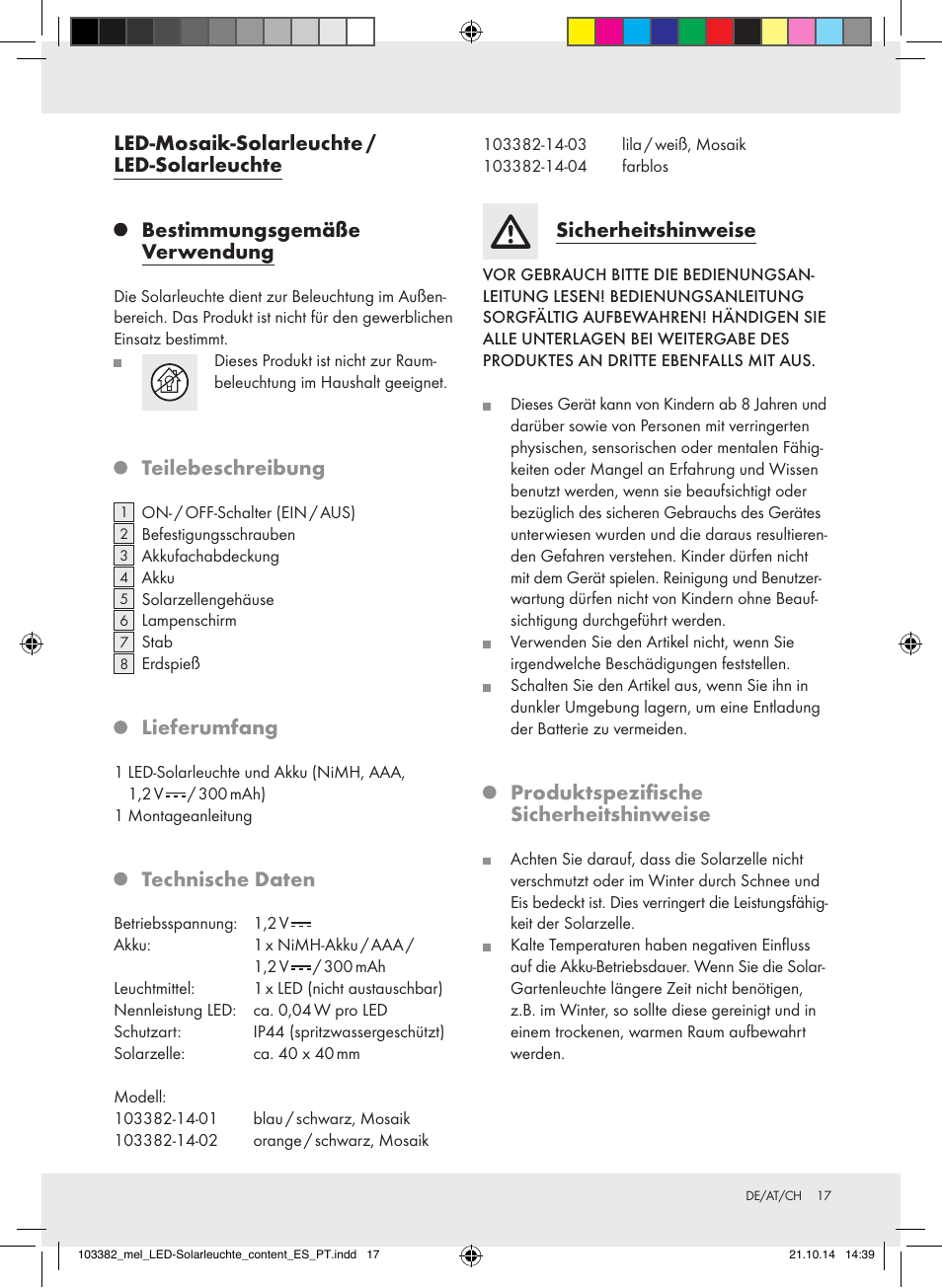 Led-mosaik-solarleuchte / led-solarleuchte, Bestimmungsgemäße verwendung, Teilebeschreibung | Lieferumfang, Technische daten, Sicherheitshinweise, Produktspezifische sicherheitshinweise | Melinera 103382-14-0х User Manual | Page 17 / 21