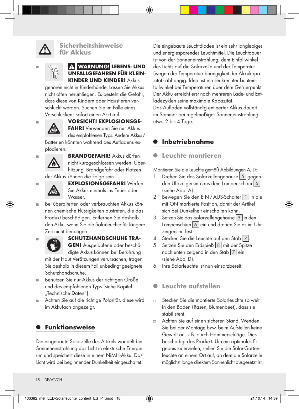 Sicherheitshinweise für akkus, Funktionsweise, Inbetriebnahme | Leuchte montieren, Leuchte aufstellen | Melinera 103382-14-0х User Manual | Page 18 / 21