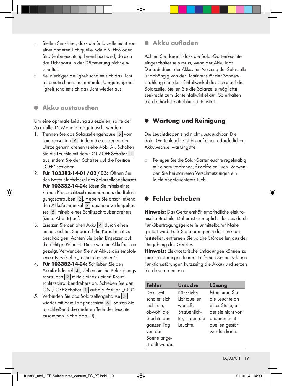 Akku austauschen, Akku aufladen, Wartung und reinigung | Fehler beheben | Melinera 103382-14-0х User Manual | Page 19 / 21