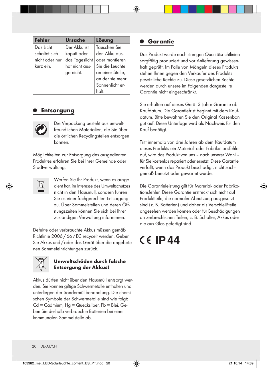 Entsorgung, Garantie | Melinera 103382-14-0х User Manual | Page 20 / 21