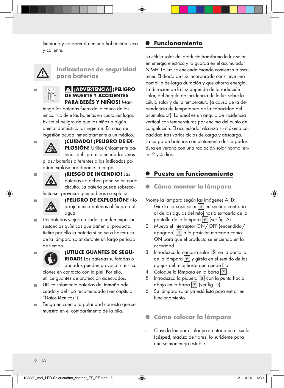 Indicaciones de seguridad para baterías, Funcionamiento, Puesta en funcionamiento | Cómo montar la lámpara, Cómo colocar la lámpara | Melinera 103382-14-0х User Manual | Page 6 / 21