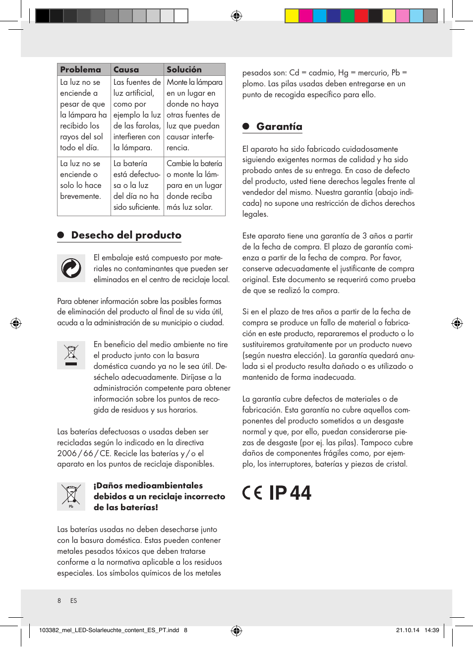 Desecho del producto, Garantía | Melinera 103382-14-0х User Manual | Page 8 / 21