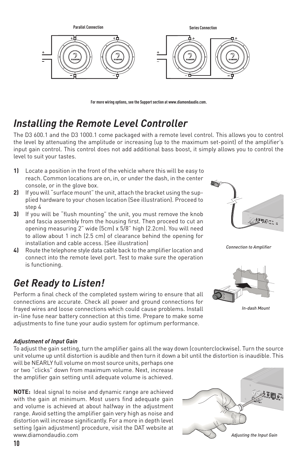 Installing the remote level controller, Get ready to listen | Diamond Audio Technology D3 600.1 User Manual | Page 10 / 12