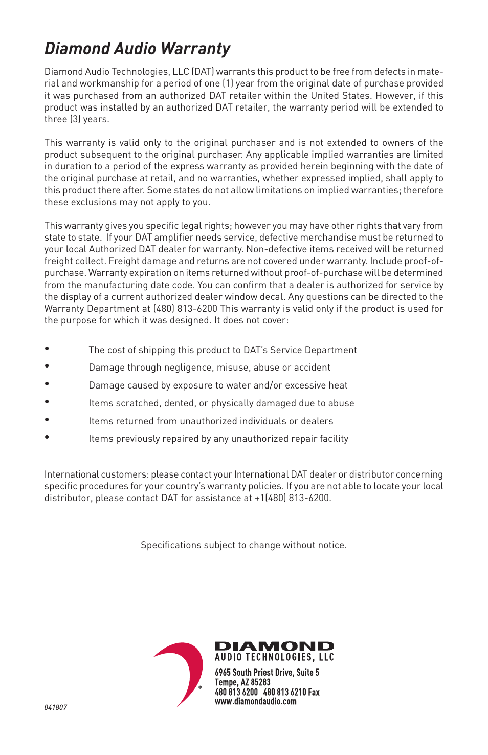 Diamond audio warranty | Diamond Audio Technology D3 600.1 User Manual | Page 12 / 12