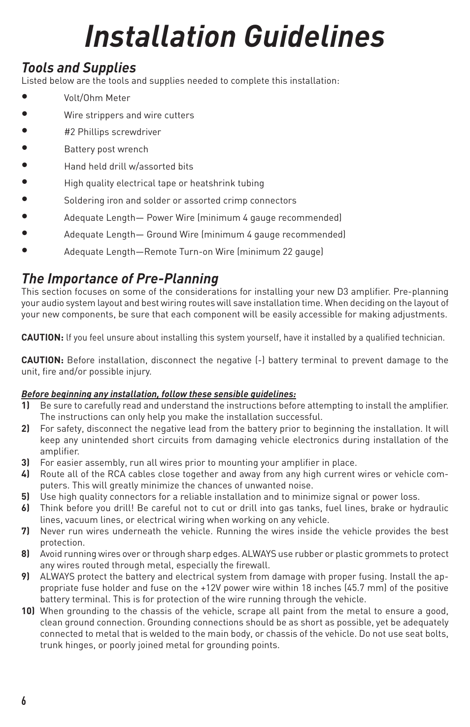 Installation guidelines, Tools and supplies, The importance of pre-planning | Diamond Audio Technology D3 600.1 User Manual | Page 6 / 12
