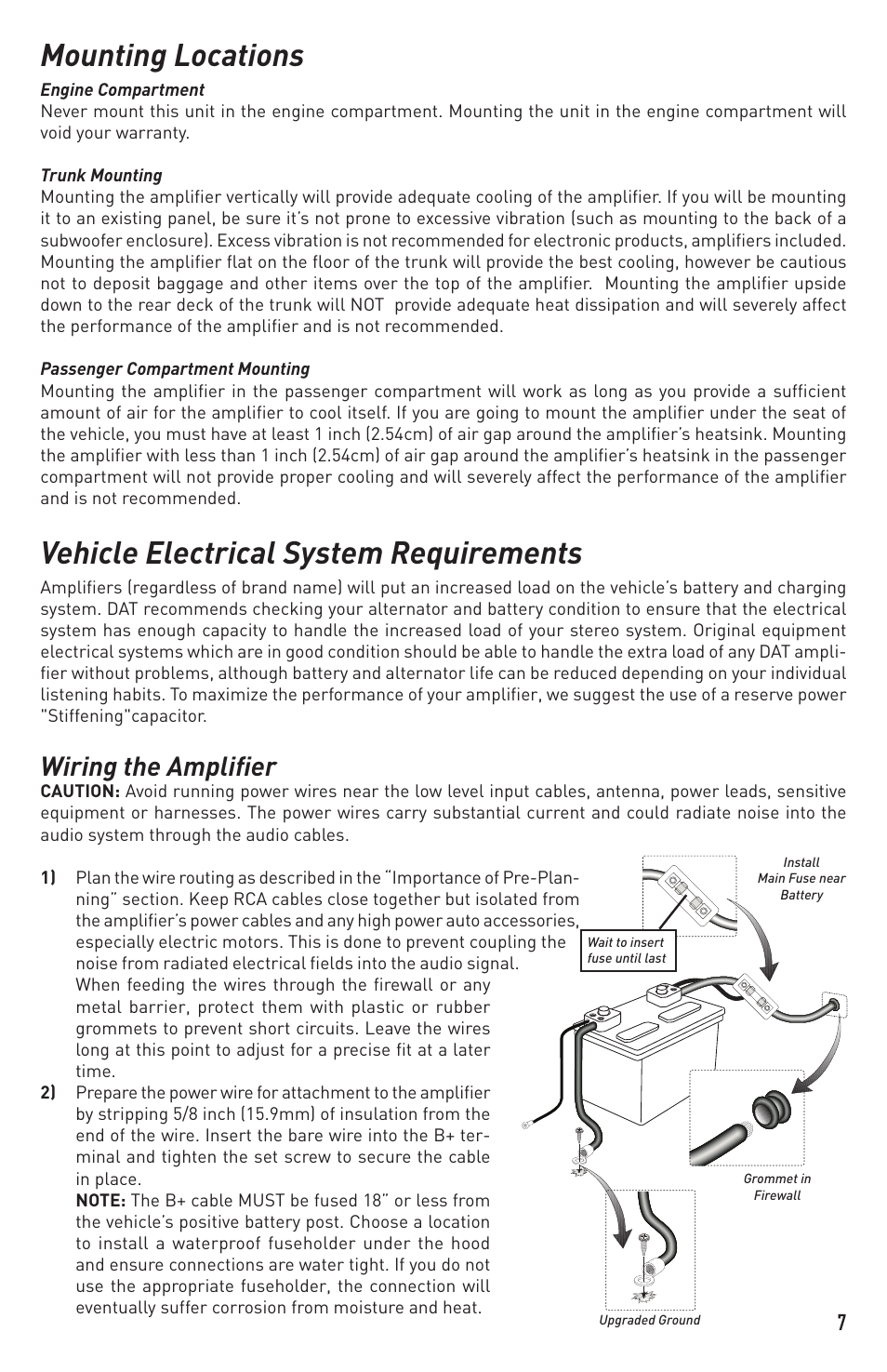 Mounting locations, Vehicle electrical system requirements, Wiring the amplifier | Diamond Audio Technology D3 600.1 User Manual | Page 7 / 12