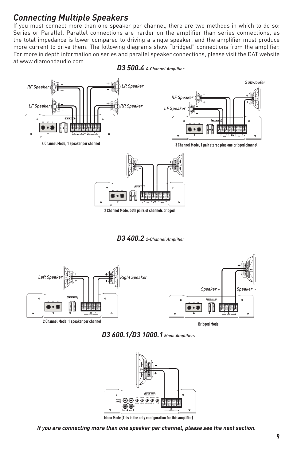 Connecting multiple speakers, Mono amplifiers | Diamond Audio Technology D3 600.1 User Manual | Page 9 / 12