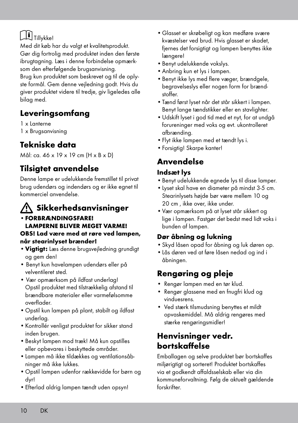 Leveringsomfang, Tekniske data, Tilsigtet anvendelse | Sikkerhedsanvisninger, Anvendelse, Rengøring og pleje, Henvisninger vedr. bortskaffelse | Melinera BL-2039 User Manual | Page 10 / 20