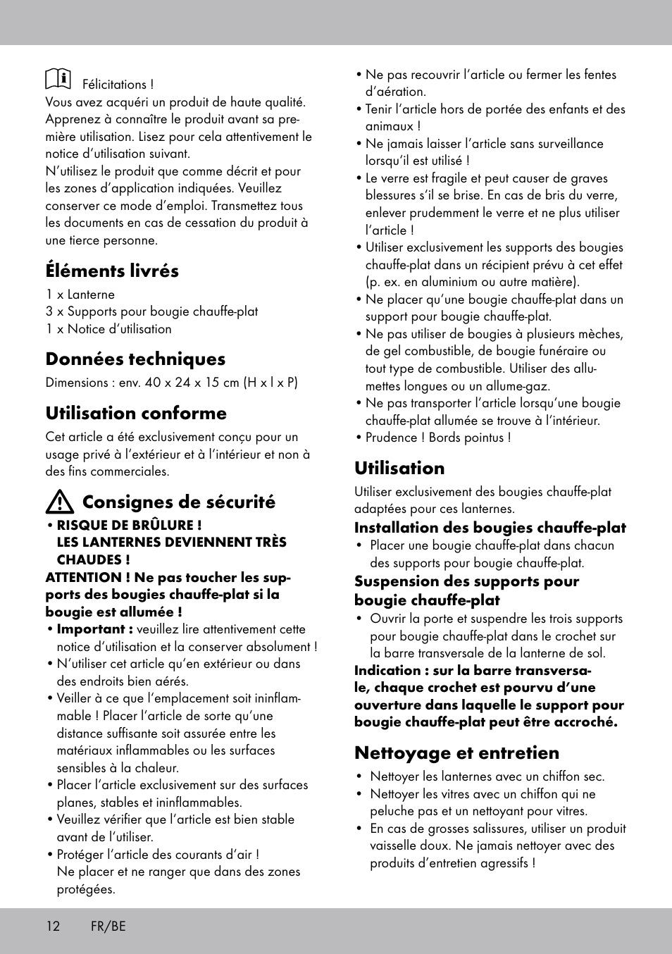 Éléments livrés, Données techniques, Utilisation conforme | Consignes de sécurité, Utilisation, Nettoyage et entretien | Melinera BL-2041 User Manual | Page 12 / 20