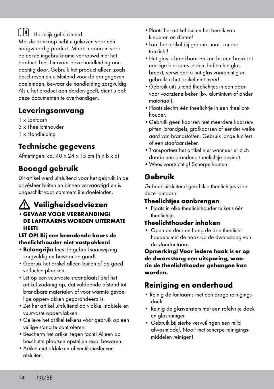 Leveringsomvang, Technische gegevens, Beoogd gebruik | Veiligheidsadviezen, Gebruik, Reiniging en onderhoud | Melinera BL-2041 User Manual | Page 14 / 20