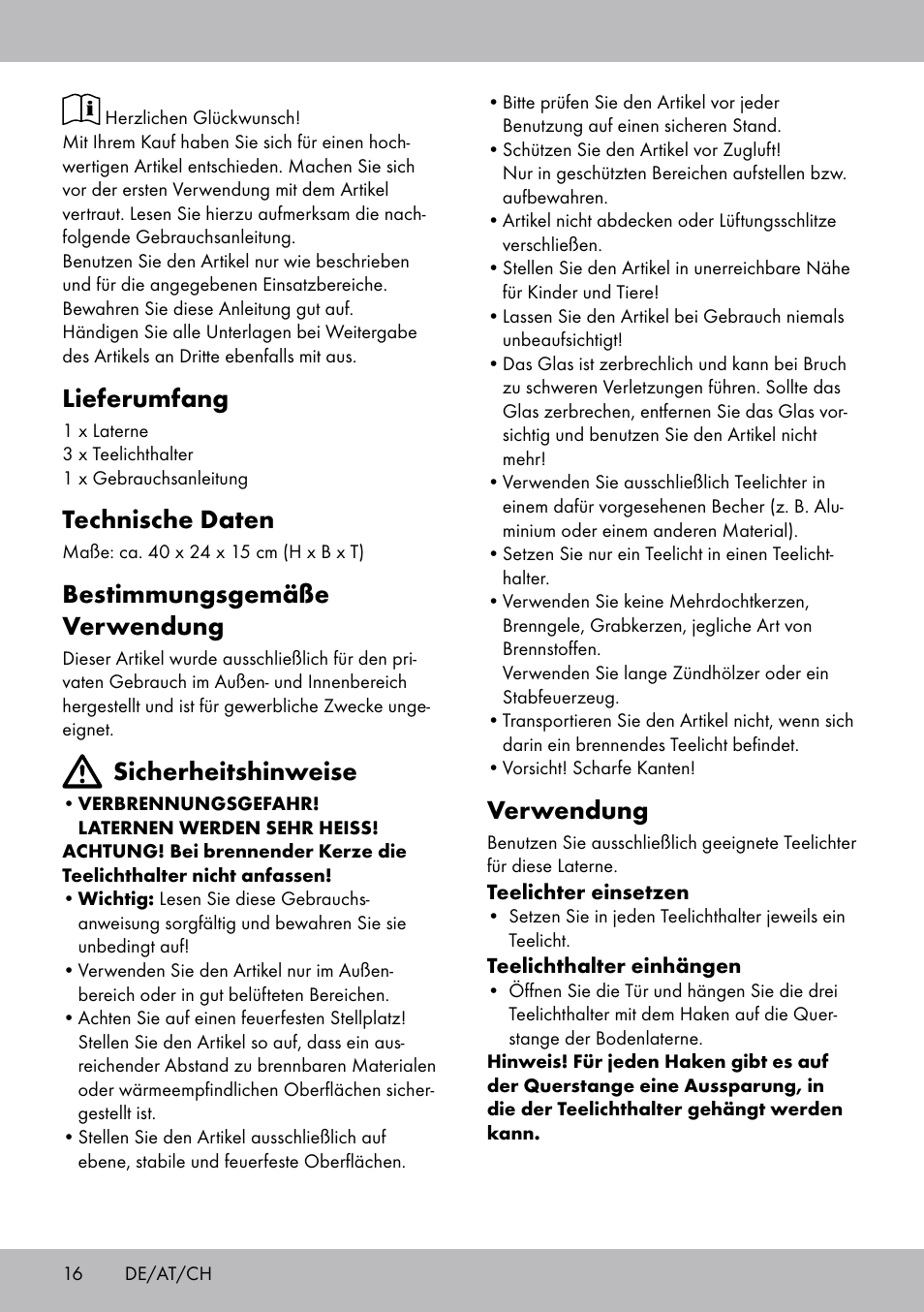Lieferumfang, Technische daten, Bestimmungsgemäße verwendung | Sicherheitshinweise, Verwendung | Melinera BL-2041 User Manual | Page 16 / 20