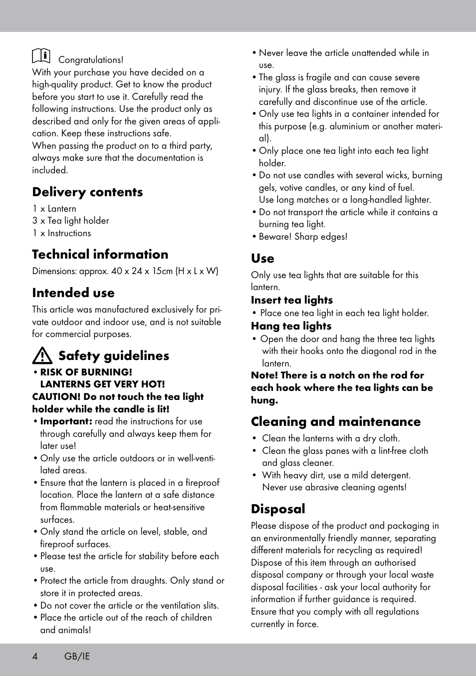 Cleaning and maintenance, Disposal, Delivery contents | Technical information, Intended use, Safety guidelines | Melinera BL-2041 User Manual | Page 4 / 20