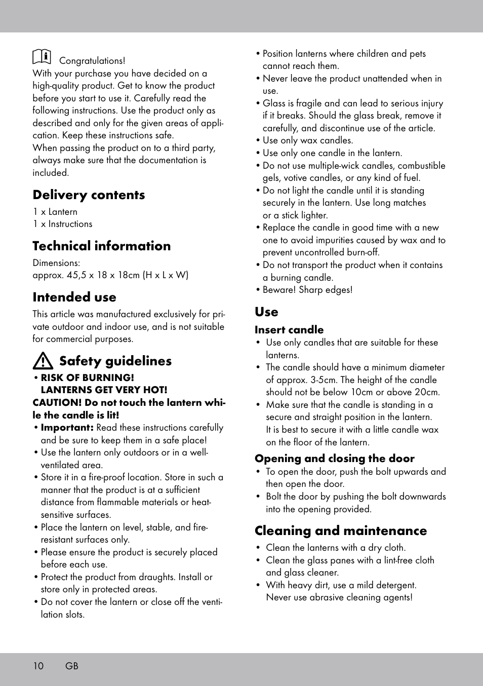 Delivery contents, Technical information, Intended use | Safety guidelines, Cleaning and maintenance | Melinera BL-2040 User Manual | Page 10 / 12