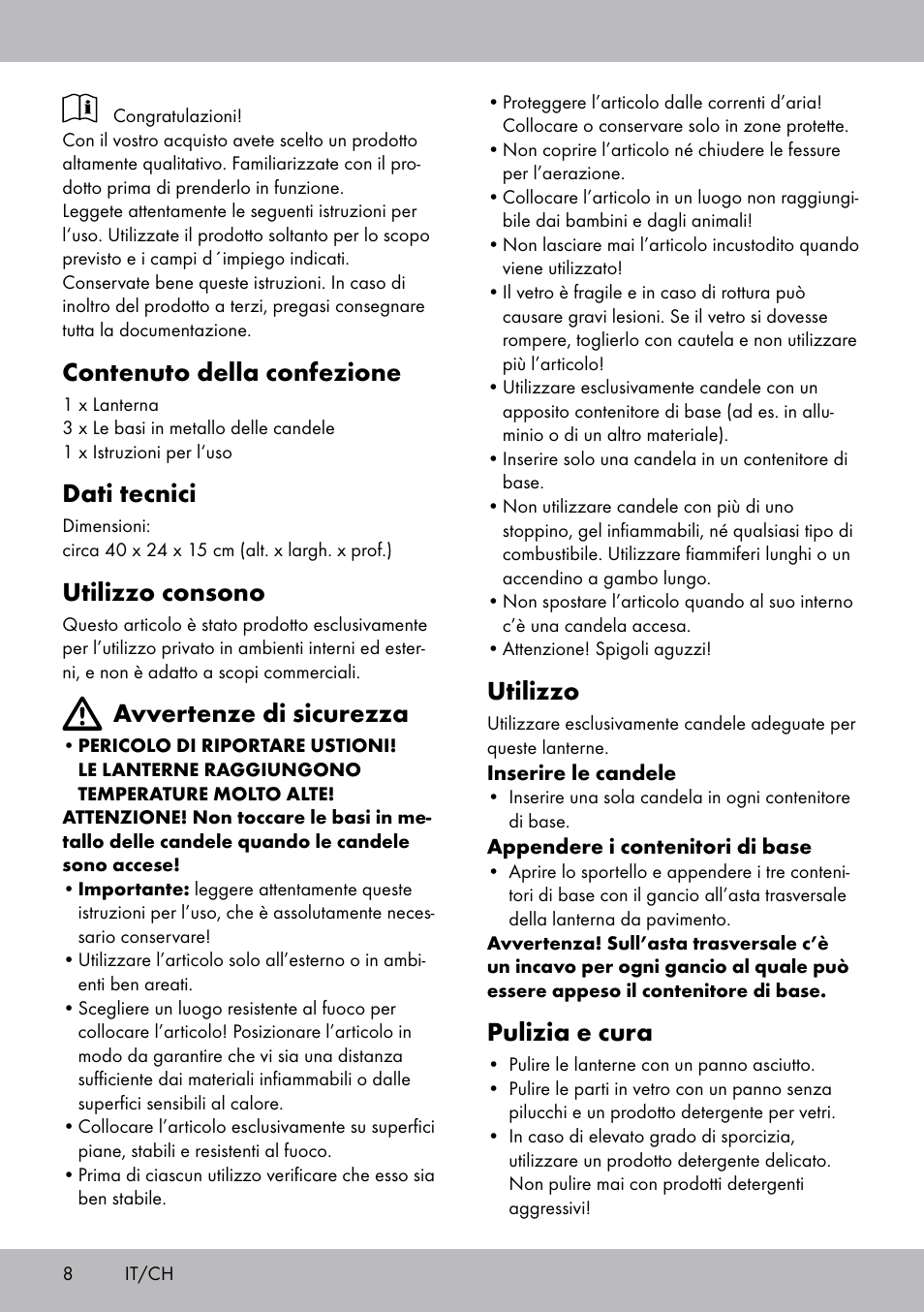 Contenuto della confezione, Dati tecnici, Utilizzo consono | Avvertenze di sicurezza, Utilizzo, Pulizia e cura | Melinera BL-2041 User Manual | Page 8 / 12