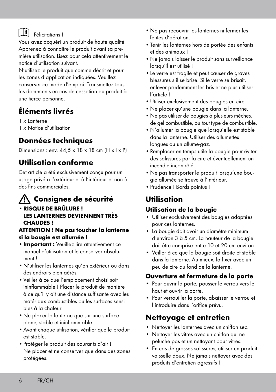 Éléments livrés, Données techniques, Utilisation conforme | Consignes de sécurité, Utilisation, Nettoyage et entretien | Melinera BL-2042 User Manual | Page 6 / 12