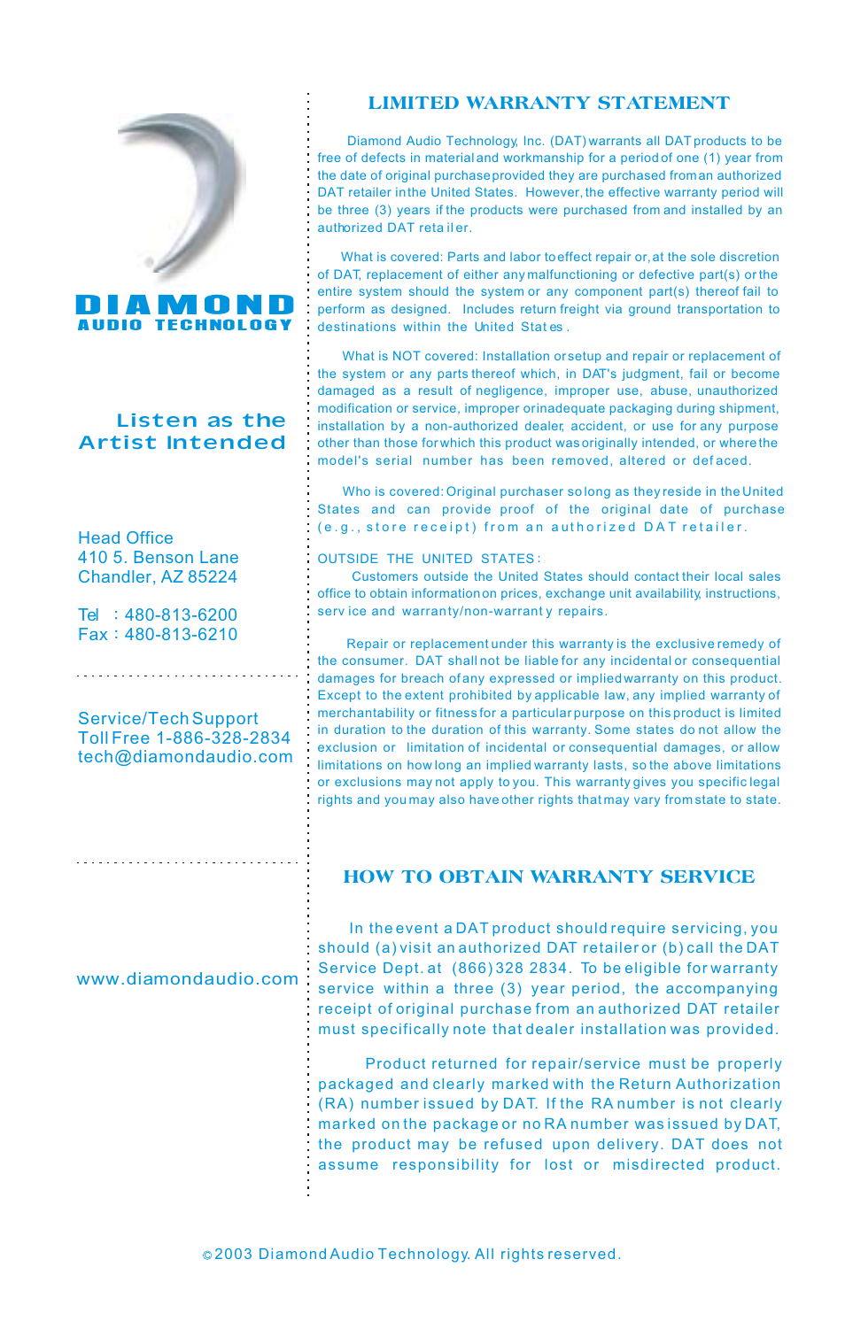 Owner's guide | Diamond Audio Technology D3 Series User Manual | Page 15 / 16