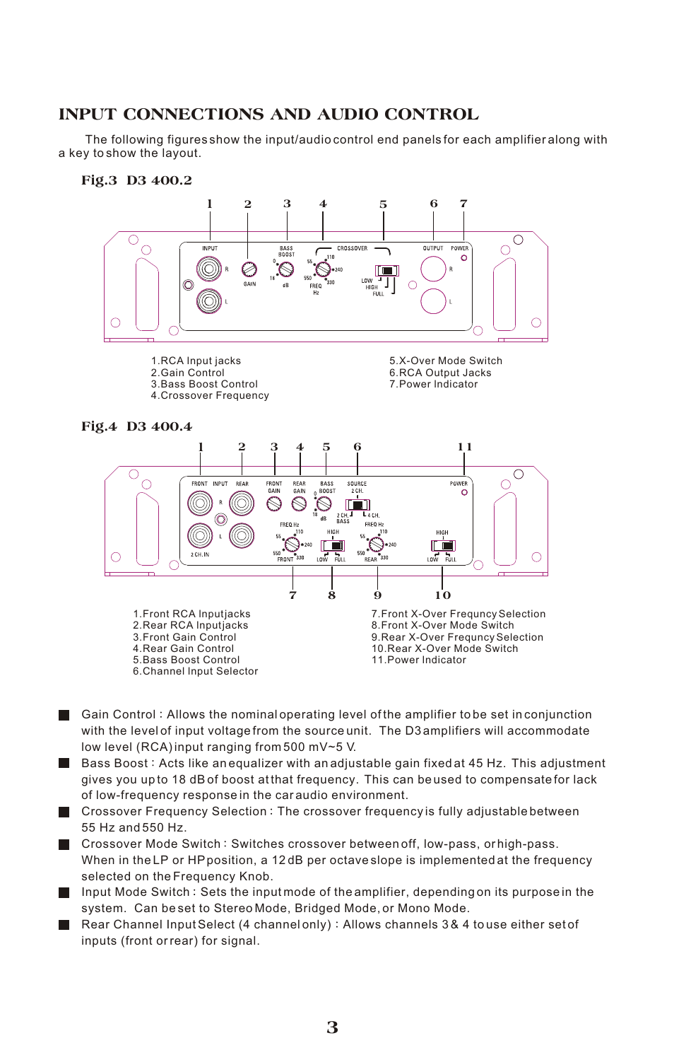 Input connections and audio control, Setting the gain, Setting the crossover | Setting the bass boost, Troubleshooting | Diamond Audio Technology D3 Series User Manual | Page 3 / 16