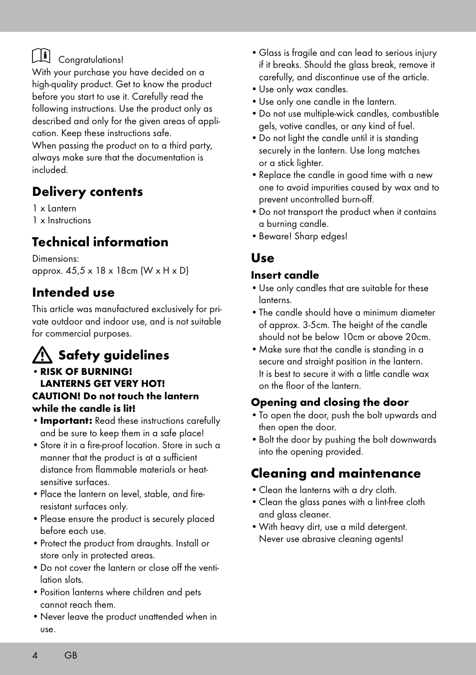 Cleaning and maintenance, Delivery contents, Technical information | Intended use, Safety guidelines | Melinera BL-2040 User Manual | Page 4 / 20