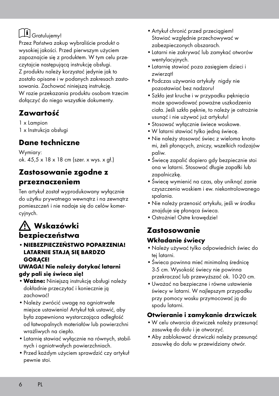 Zawartość, Dane techniczne, Zastosowanie zgodne z przeznaczeniem | Wskazówki bezpieczeństwa, Zastosowanie | Melinera BL-2040 User Manual | Page 6 / 20