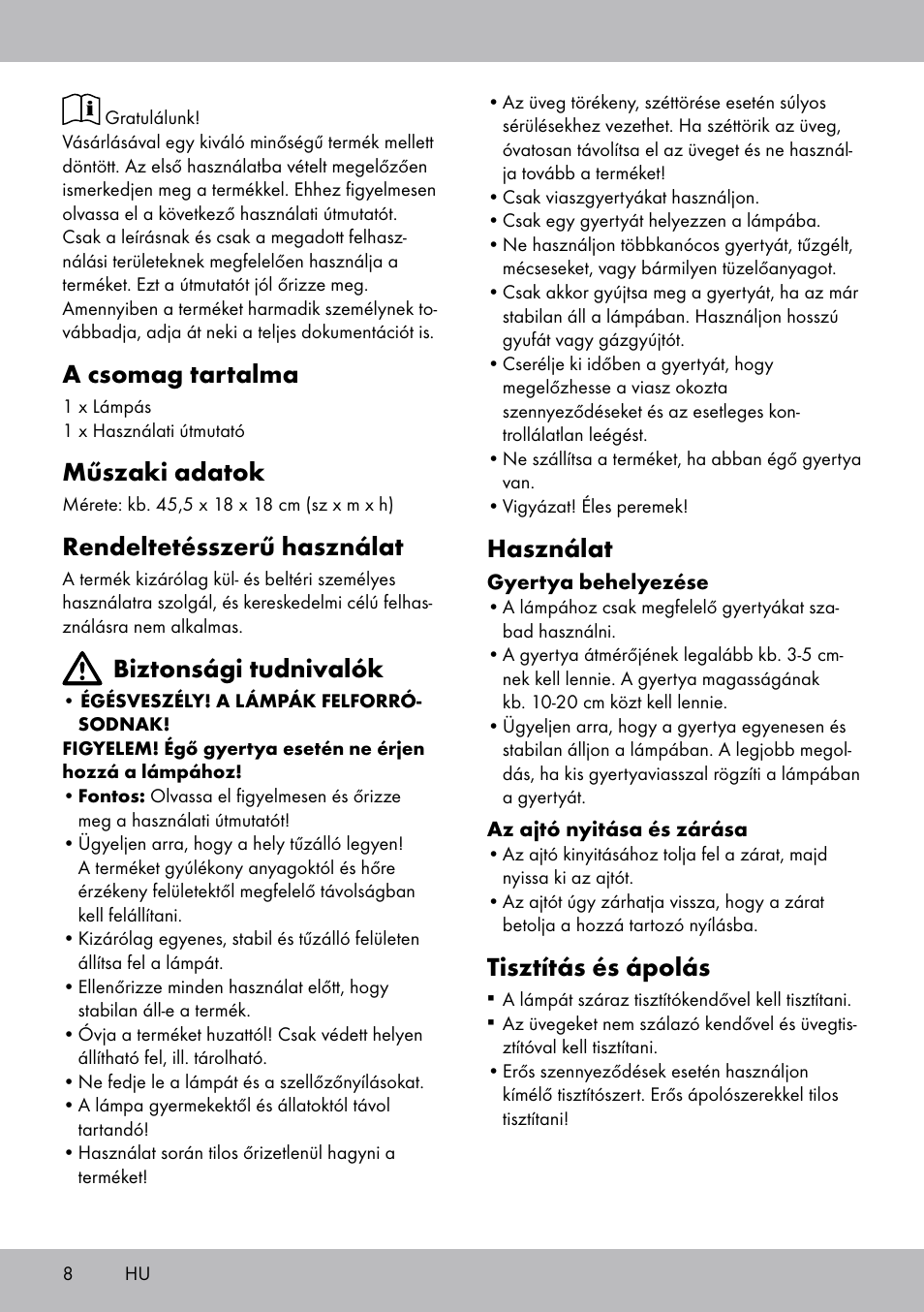 A csomag tartalma, Műszaki adatok, Rendeltetésszerű használat | Biztonsági tudnivalók, Használat, Tisztítás és ápolás | Melinera BL-2040 User Manual | Page 8 / 20