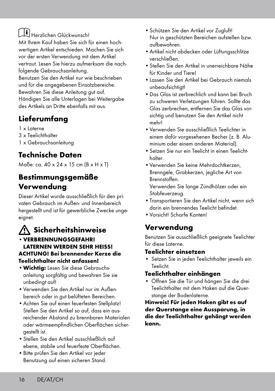 Verwendung, Lieferumfang, Technische daten | Bestimmungsgemäße verwendung, Sicherheitshinweise | Melinera BL-2041 User Manual | Page 16 / 20