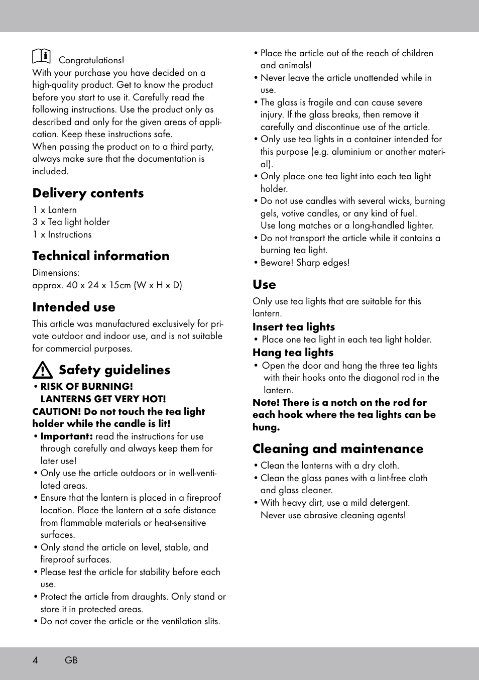 Cleaning and maintenance, Delivery contents, Technical information | Intended use, Safety guidelines | Melinera BL-2041 User Manual | Page 4 / 20