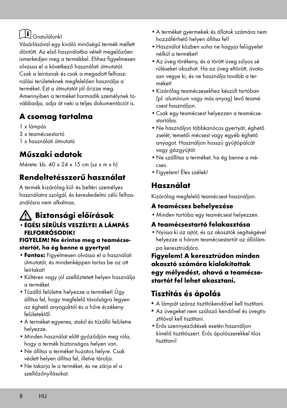 A csomag tartalma, Műszaki adatok, Rendeltetésszerű használat | Biztonsági előírások, Használat, Tisztítás és ápolás | Melinera BL-2041 User Manual | Page 8 / 20