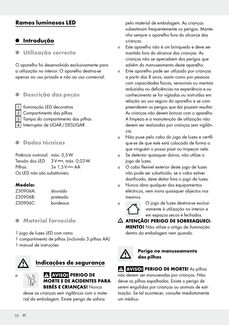 Ramos luminosos led introdução utilização correcta, Descrição das peças, Dados técnicos | Material fornecido, Indicações de segurança | Melinera Z30906A/Z30906B/Z30906C User Manual | Page 10 / 19