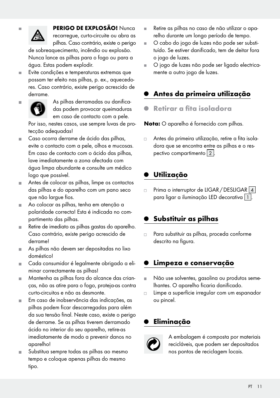 Utilização, Substituir as pilhas, Limpeza e conservação | Eliminação | Melinera Z30906A/Z30906B/Z30906C User Manual | Page 11 / 19
