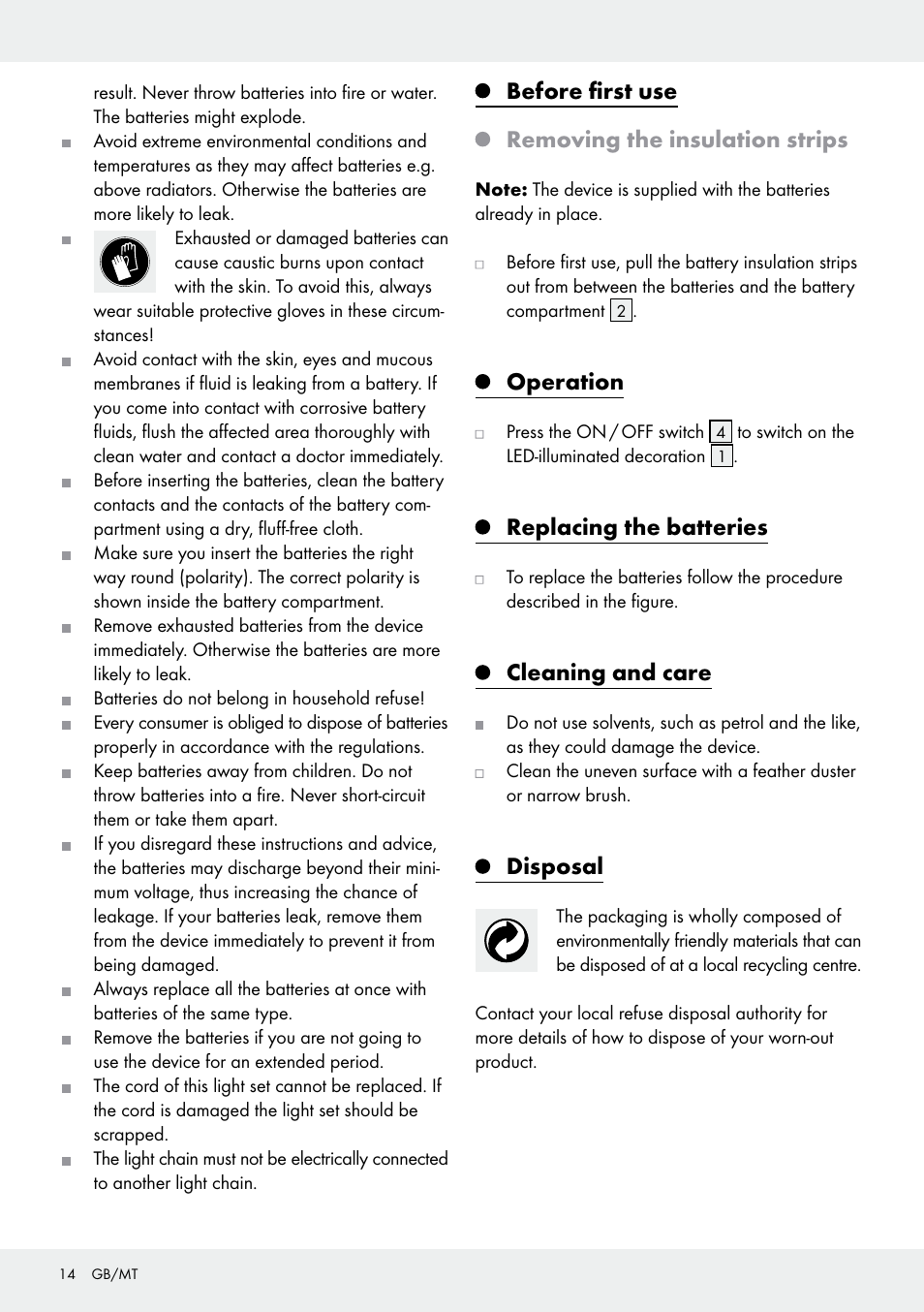 Before first use removing the insulation strips, Operation, Replacing the batteries | Cleaning and care, Disposal | Melinera Z30906A/Z30906B/Z30906C User Manual | Page 14 / 19