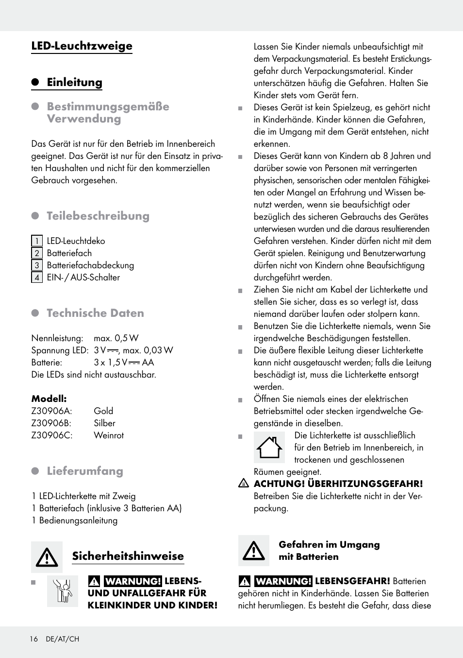 Teilebeschreibung, Technische daten, Lieferumfang | Sicherheitshinweise | Melinera Z30906A/Z30906B/Z30906C User Manual | Page 16 / 19