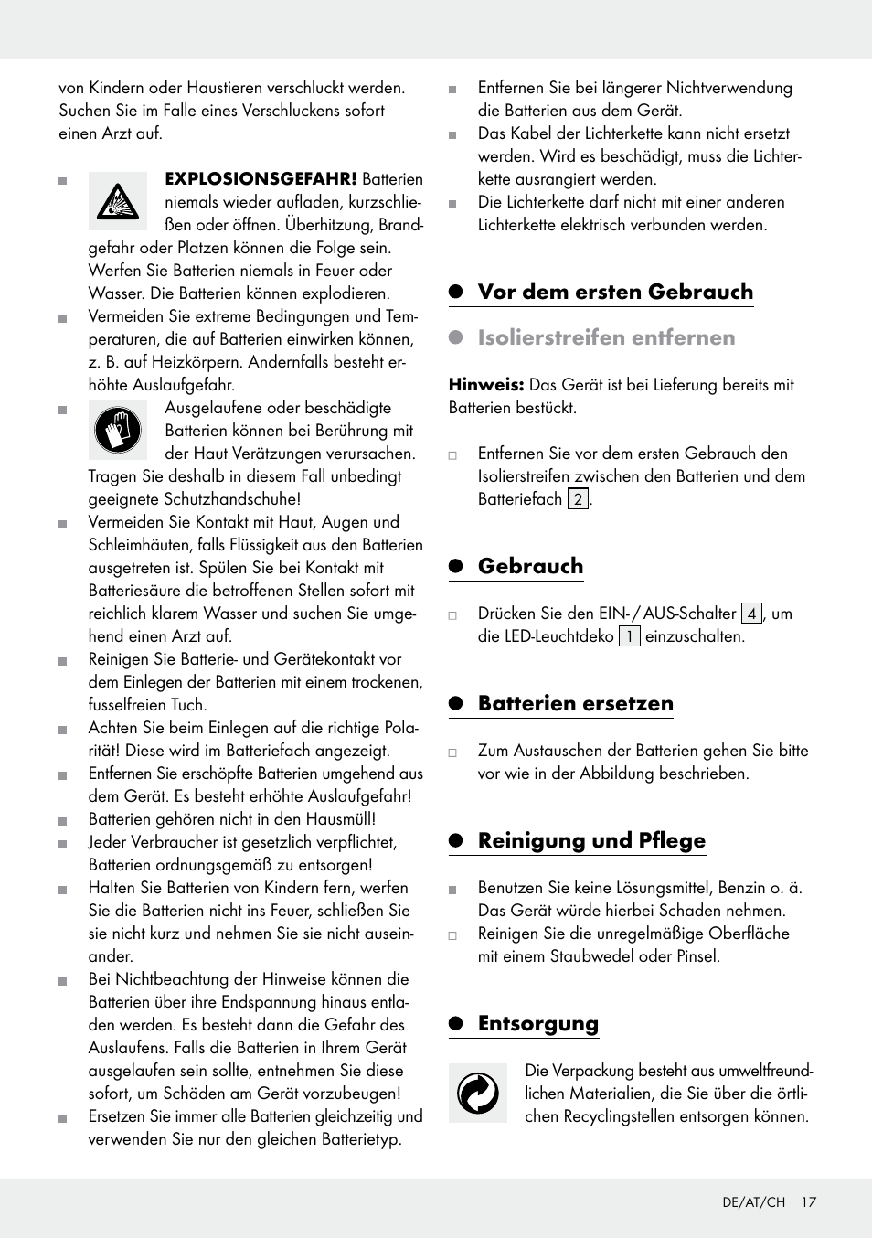 Vor dem ersten gebrauch isolierstreifen entfernen, Gebrauch, Batterien ersetzen | Reinigung und pflege, Entsorgung | Melinera Z30906A/Z30906B/Z30906C User Manual | Page 17 / 19